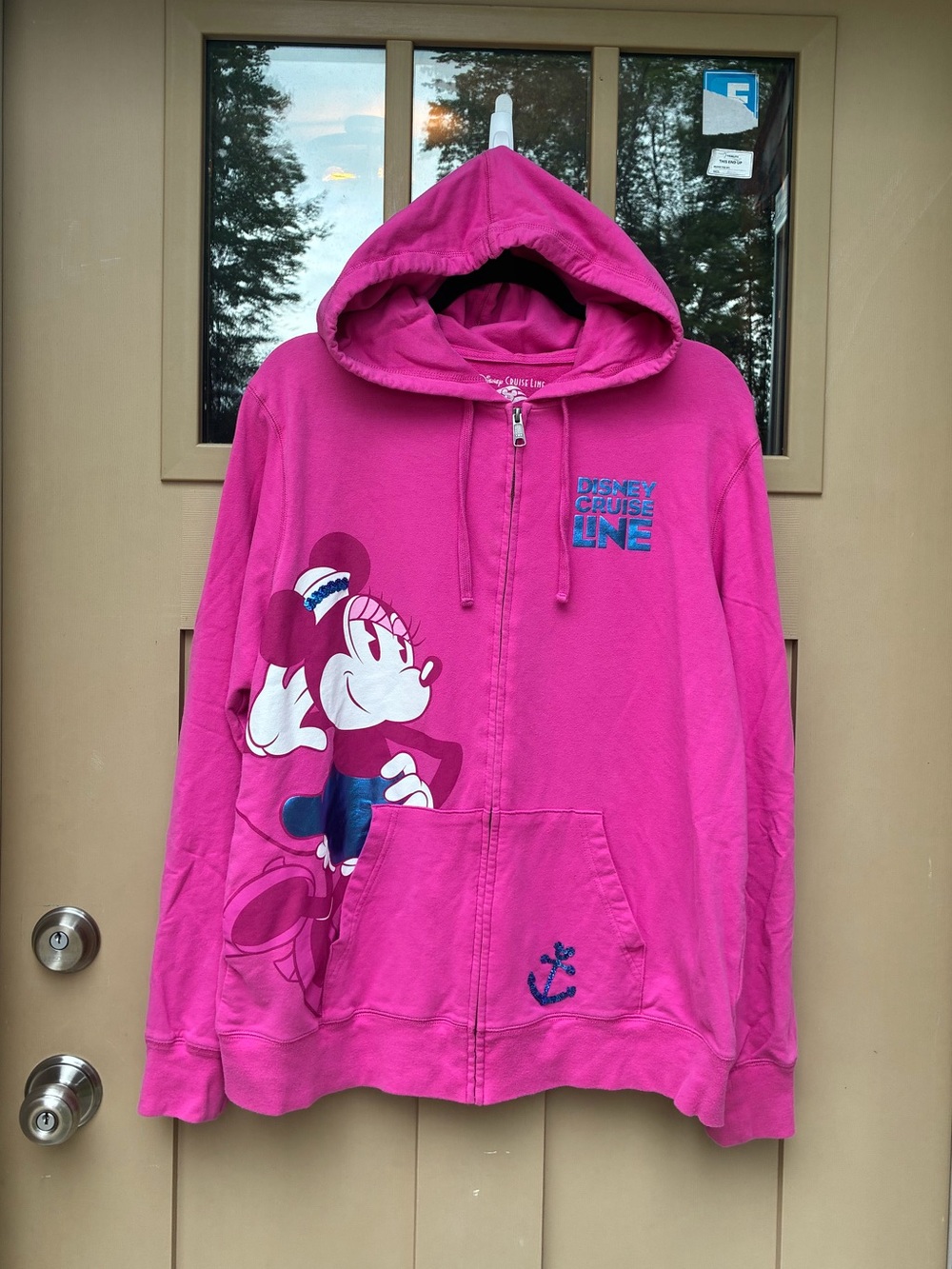 Disney Cruise Line Full Zip Hoodie Pink Minnie Mouse Blue Sequins Women's XL